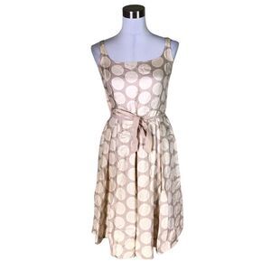 Vintage Nougat London Tan & Beige Polka Dot 100% Silk Dress With Tie Back Size 1